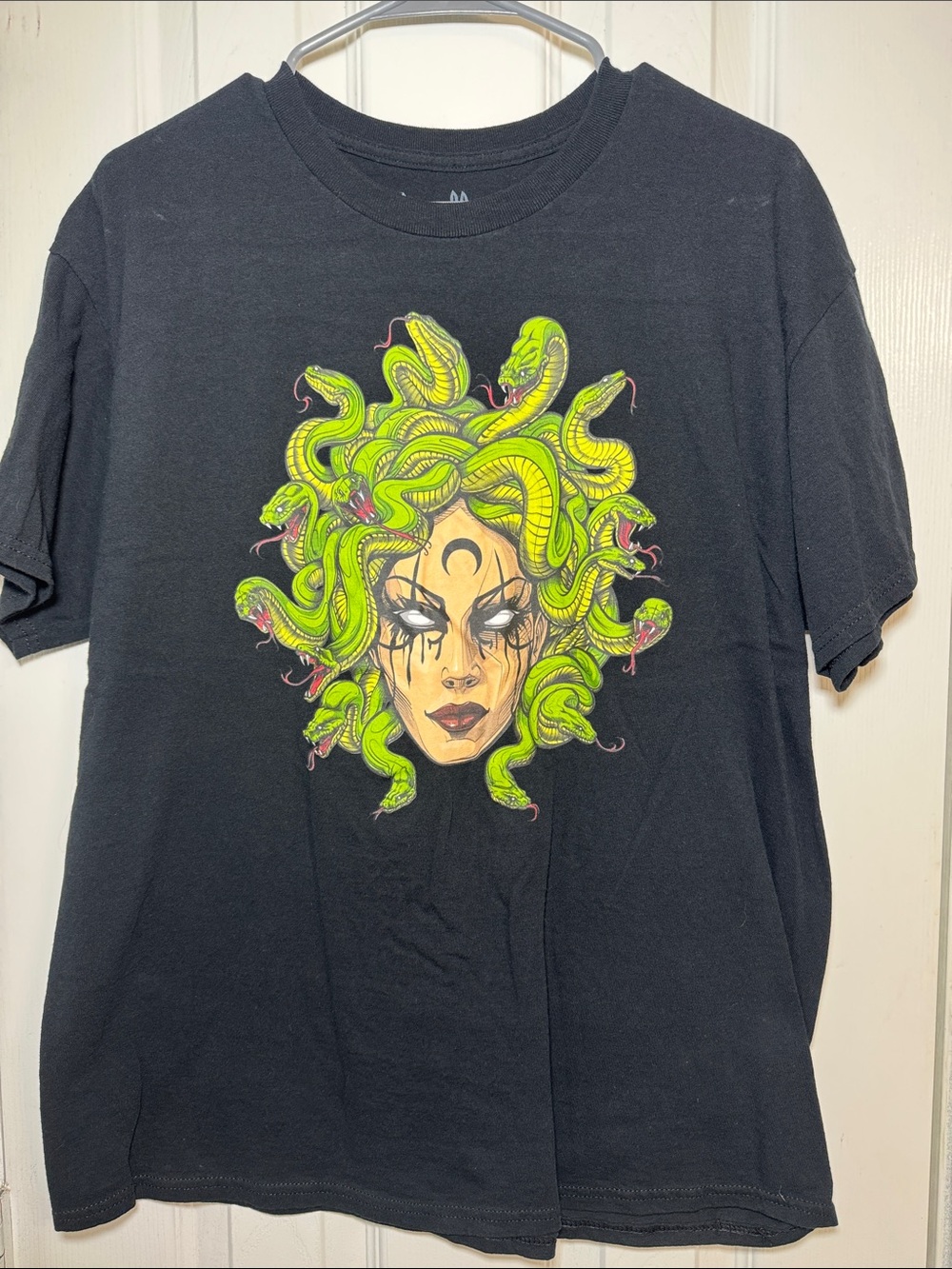 Threadless Black Tee with Neon Green Medusa Graphic